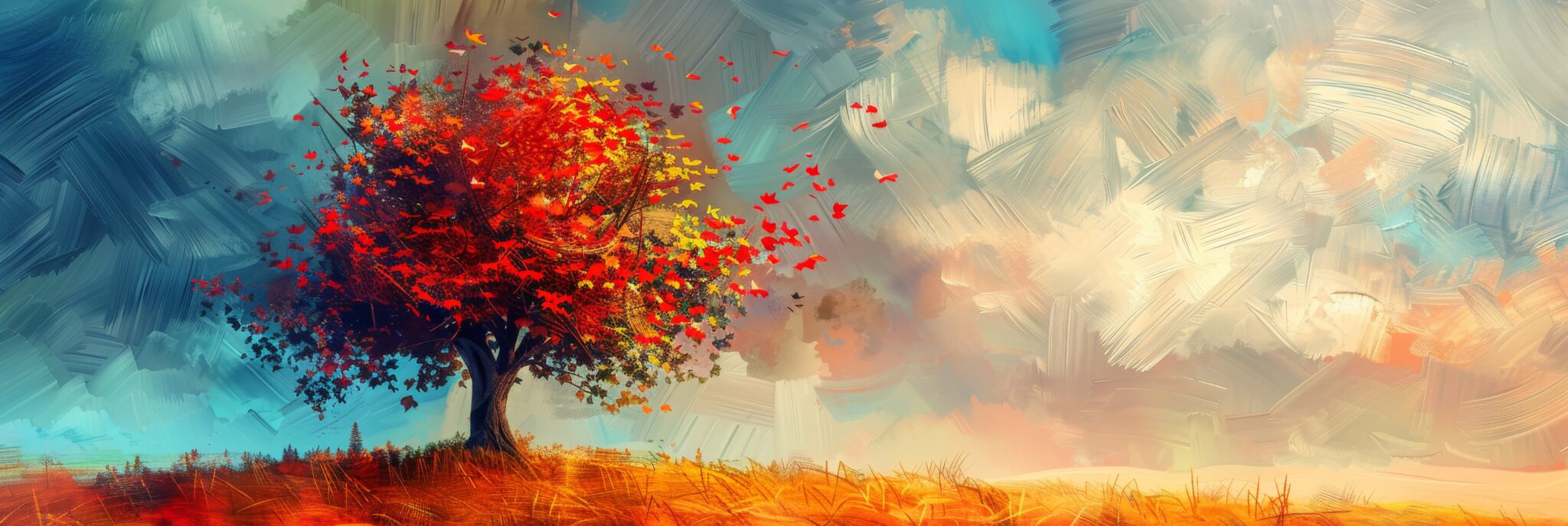 Oil painting landscape with abstract colorful gold trees. Intricate details and rich palette convey depth